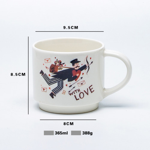 Vintage Couple Illustration Ceramic Mug 365ml, Stackable Romantic Series