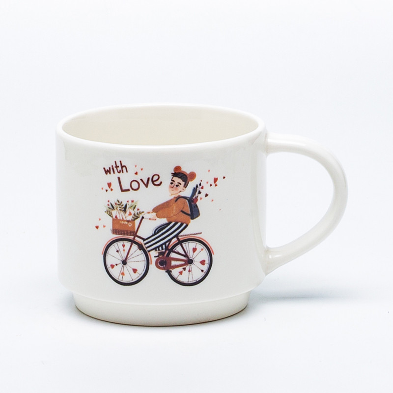 White ceramic mug with bicycle with-love illustration front view