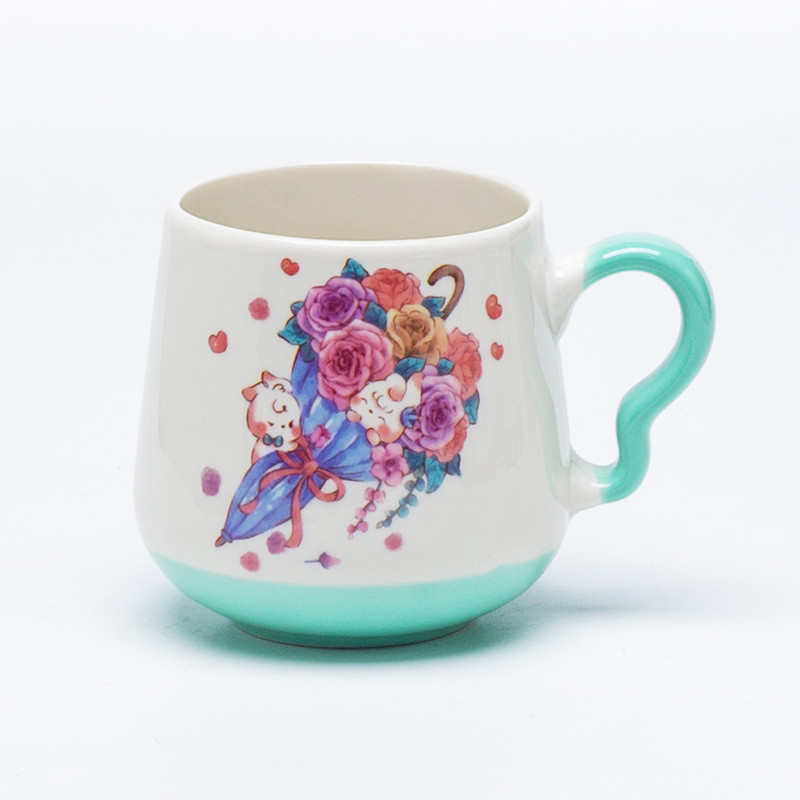 Mint base ceramic mug with umbrella cats illustration front view