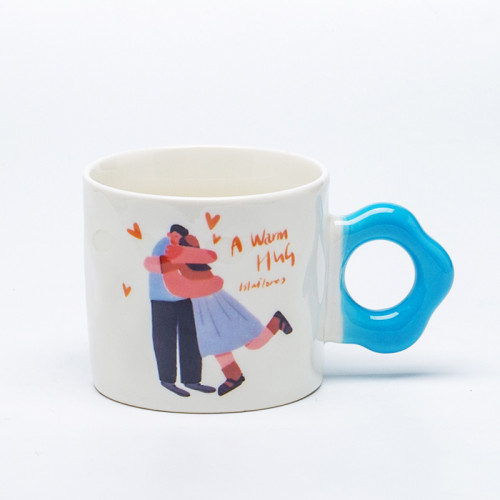 Couple Illustration Ceramic Mug 318ml, Wavy Ring Handle Art Series