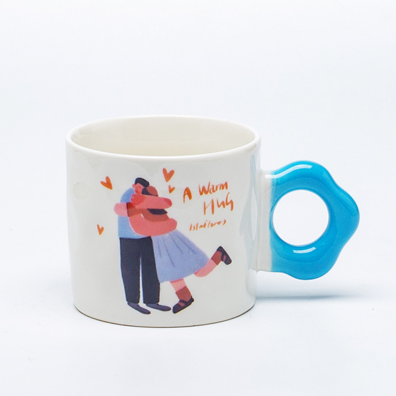 Blue ring handle ceramic mug with warm hug couple illustration front view