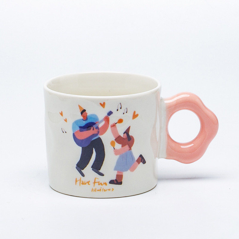 Pink ring handle ceramic mug with guitar couple illustration front view