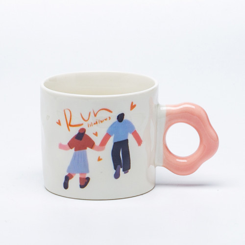 Couple Illustration Ceramic Mug 318ml, Wavy Ring Handle Art Series