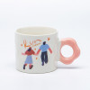 Couple Illustration Ceramic Mug 318ml, Wavy Ring Handle Art Series