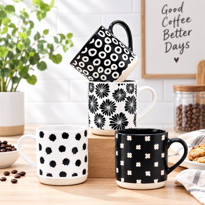Black and White Geometric Ceramic Mug 460ml, Minimalist 4-Pattern Collection