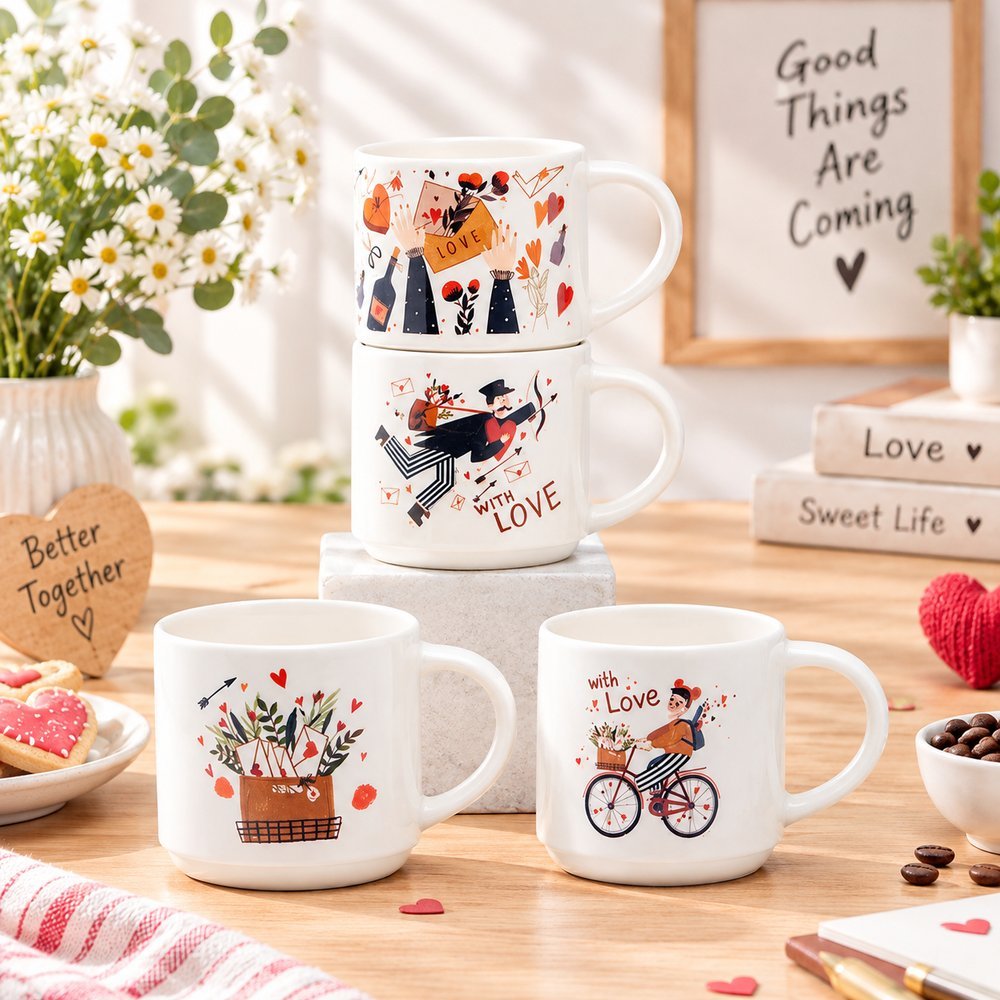 Vintage couple illustration mugs styled with daisies and framed quotes