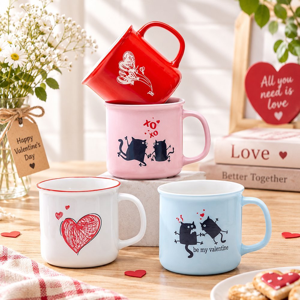 Valentine mugs styled with heart props and dried flowers scene