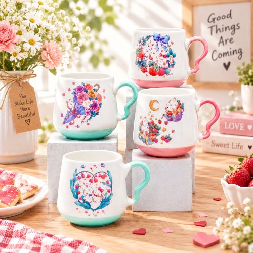 Pastel Bunny Ceramic Mug 420ml, Wavy Handle Sweet Illustration Series