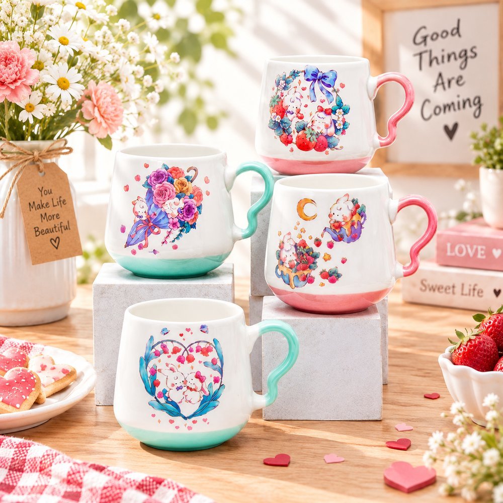 Pastel bunny mugs styled with strawberries and flowers scene