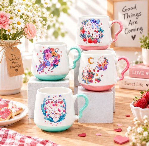 Pastel Bunny Ceramic Mug 420ml, Wavy Handle Sweet Illustration Series