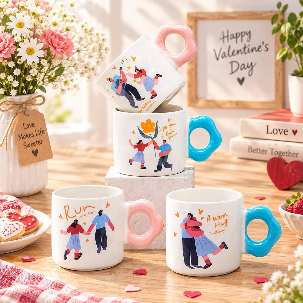 Couple illustration mugs styled with heart props and flowers scene