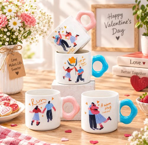Couple Illustration Ceramic Mug 318ml, Wavy Ring Handle Art Series