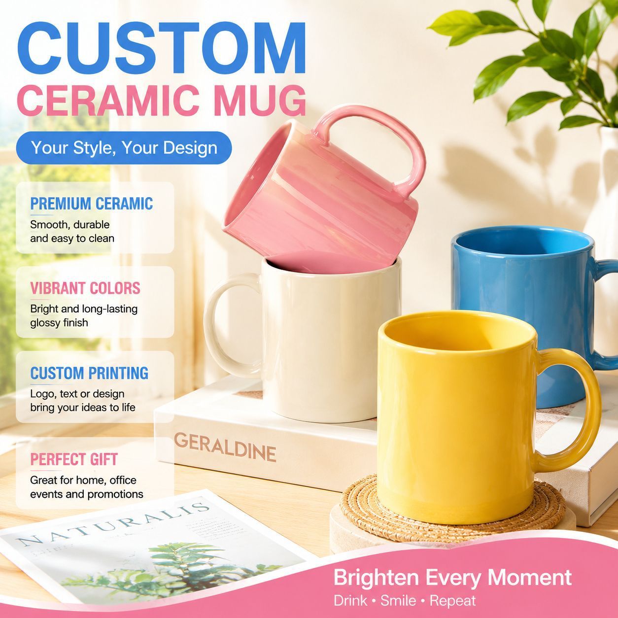 Sublimation mug scene with custom printed design on beige pink yellow and blue mugs