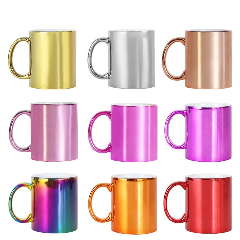 Metallic sublimation mugs in nine electroplated colorways collection shot