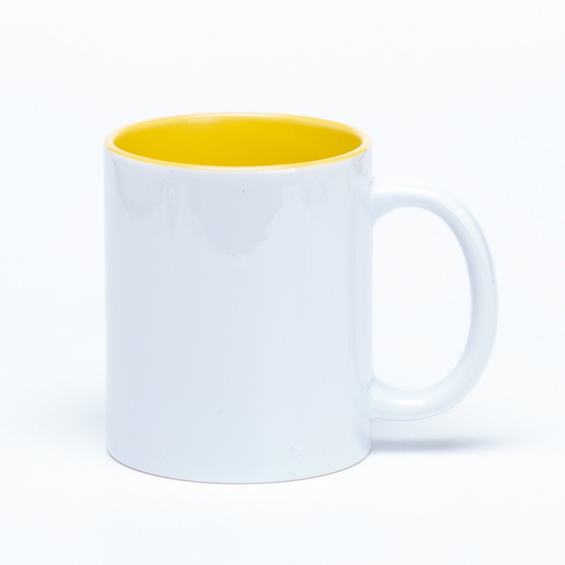 Yellow interior sublimation mug with white print panel front view