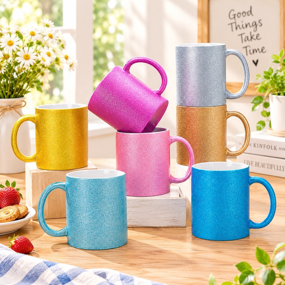 Glitter sublimation mugs styled on a wooden table with strawberries and flowers scene
