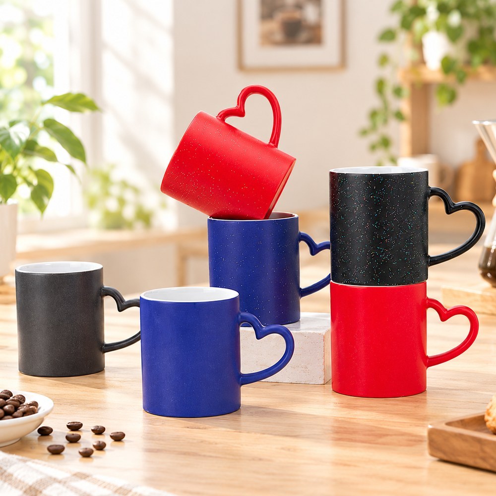 Color changing sublimation mugs styled on a wooden table with coffee and plants scene