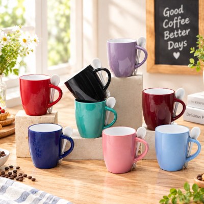 Taza de Gres con Asa Porta-Cuchara 470ml, Esmalte Brillante, 7 Colores