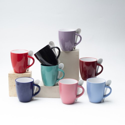 Taza de Gres con Asa Porta-Cuchara 470ml, Esmalte Brillante, 7 Colores