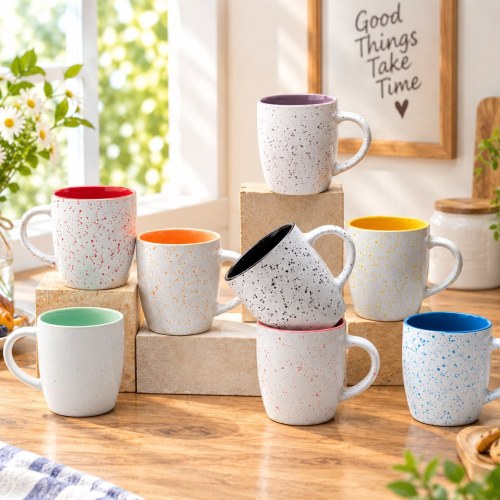 Taza de Gres con Esmalte Jaspeado 595-600ml, Interior de Color, 8 Colores