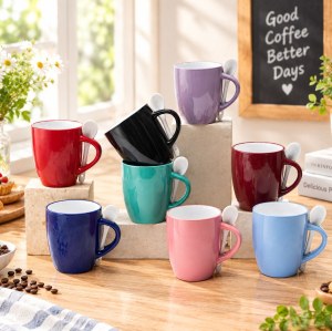 Taza de Gres con Asa Porta-Cuchara 470ml, Esmalte Brillante, 7 Colores