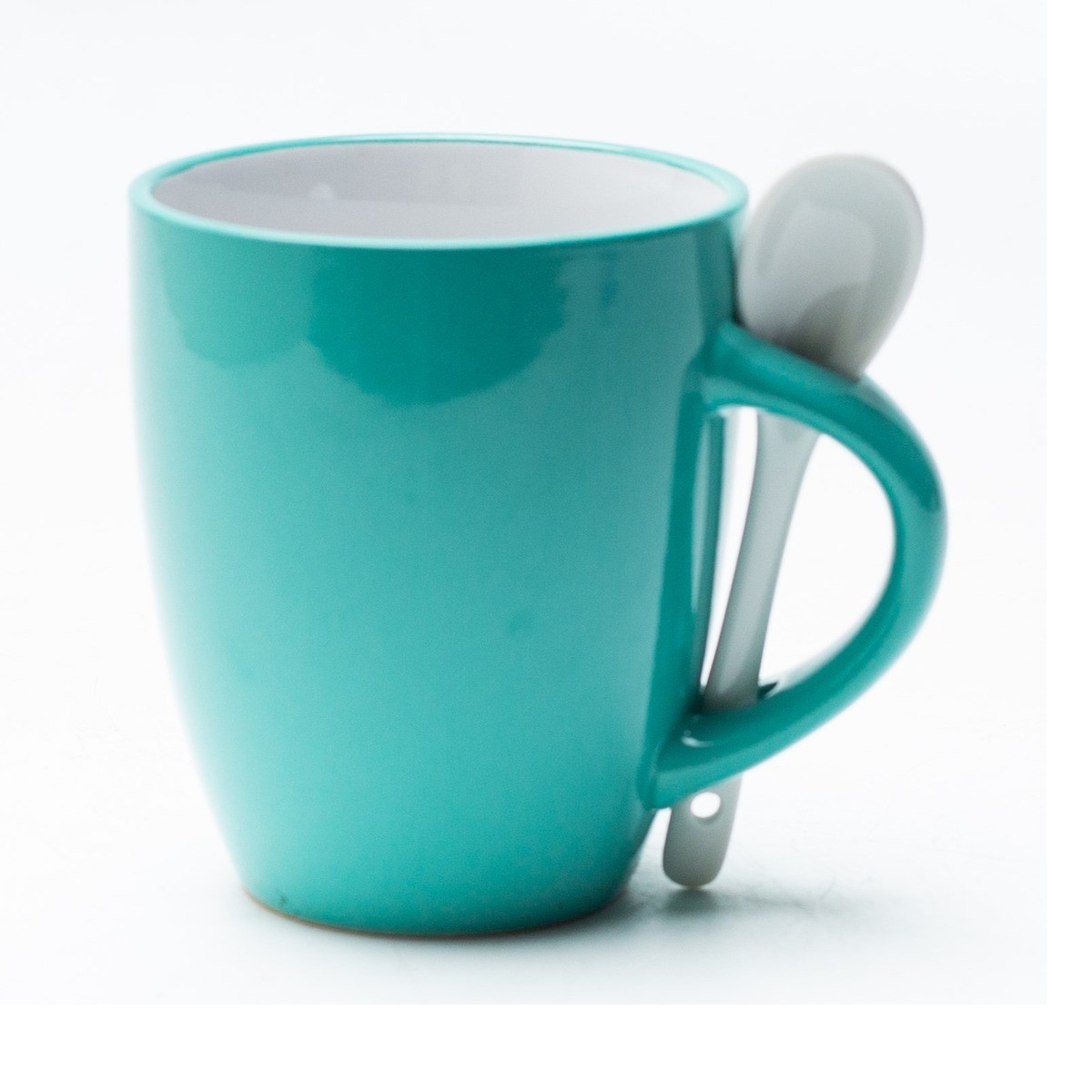 Taza de gres verde azulado con asa porta-cuchara vista frontal