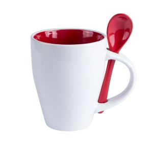 Taza de cerámica con cuchara y ranura en el asa, borde 8,5 cm, esmalte brillante