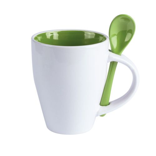 Taza de cerámica con cuchara y ranura en el asa, borde 8,5 cm, esmalte brillante
