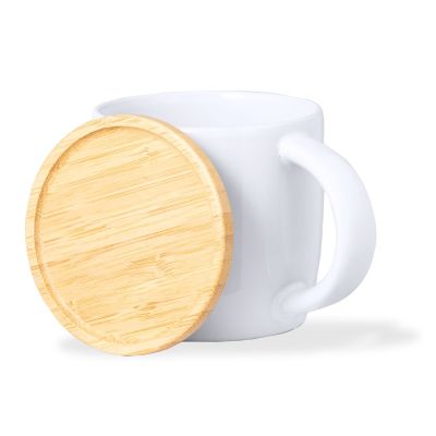 Ceramic Mug with Bamboo Lid, Lid Doubles as Coaster, 9cm Height