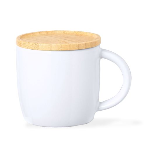 Taza de cerámica con tapa de bambú que sirve de posavasos, 9 cm de alto