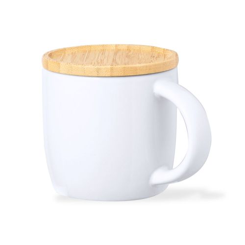 Taza de cerámica con tapa de bambú que sirve de posavasos, 9 cm de alto