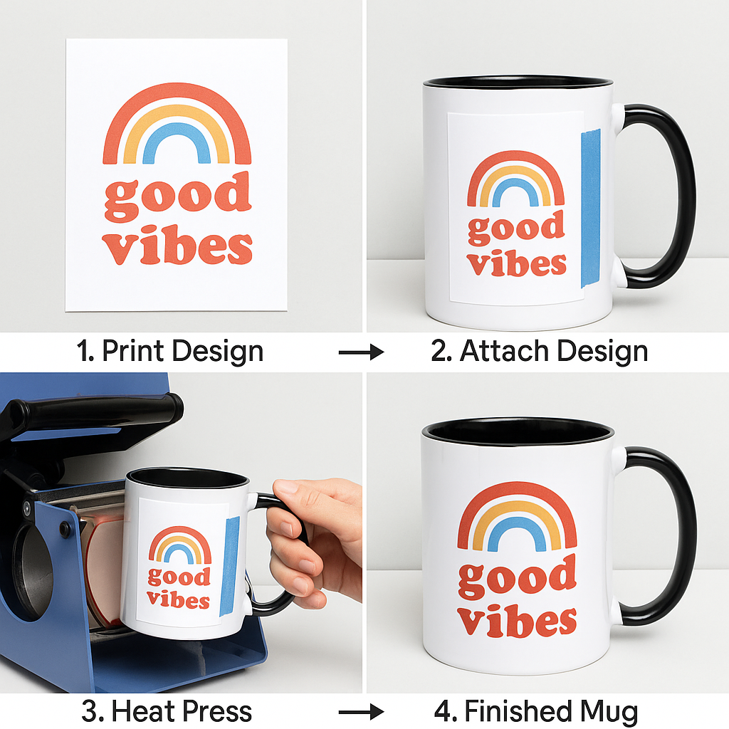 Glossy Surface of 11oz Sublimation Stoneware Mug with Full Color Brand Logo Printed via Heat Press