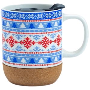 14oz Christmas Ceramic Mug with Cork Base, Lid & Assorted Holiday Designs for Seasonal Gifting