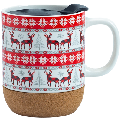 14oz Christmas Ceramic Mug with Cork Base, Lid & Assorted Holiday Designs for Seasonal Gifting