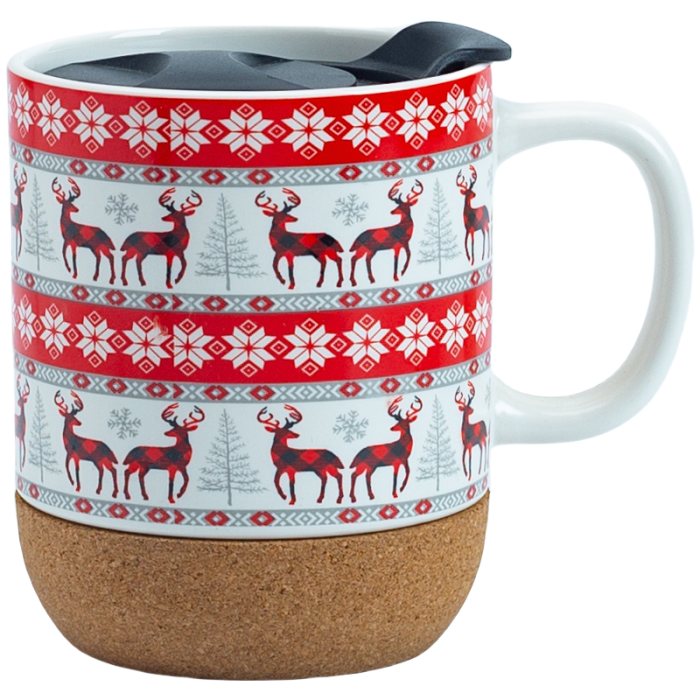 14oz Christmas Ceramic Mug with Cork Base, Lid & Assorted Holiday Designs for Seasonal Gifting