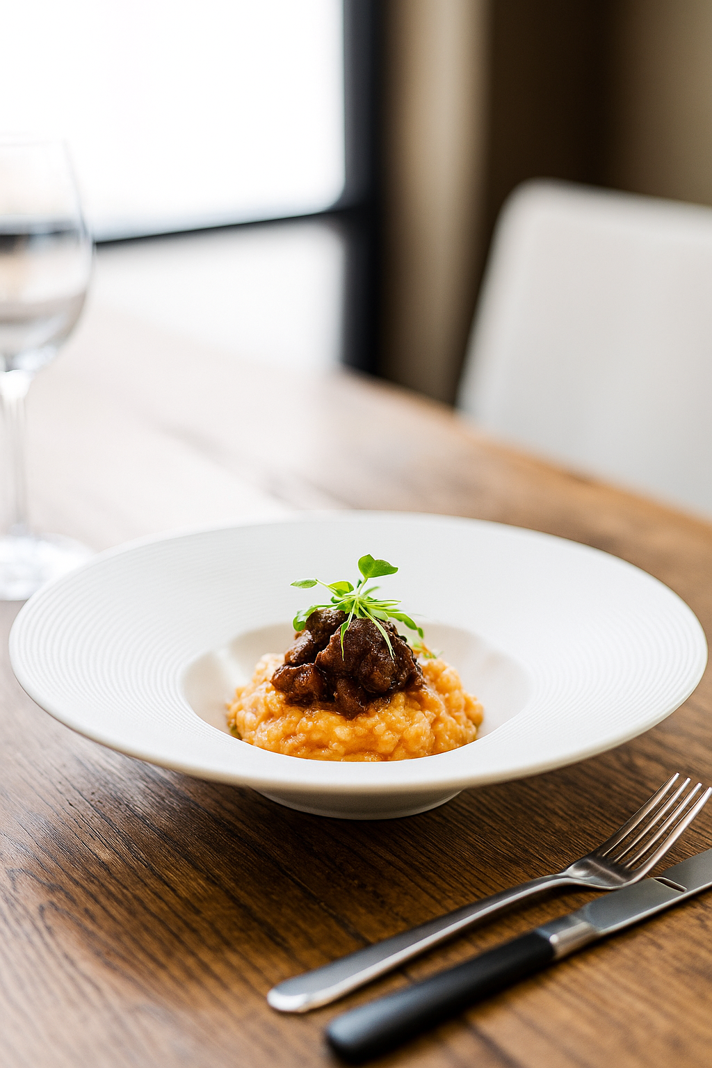 White Ceramic Deep Dish Pasta Plate in Fine Dining Restaurant, Holding Sauced Pasta for Gourmet Presentation