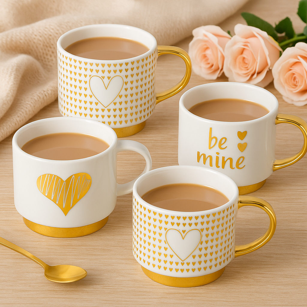 Elegant White Coffee Cup with Gold Handle for Romantic Occasions, Ideal as Valentine’s Day or Wedding Gift