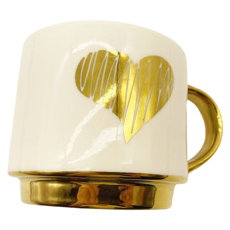 Close Up of Gold Electroplated Handle and Heart Design on White Bone China Coffee Cup, Premium Metallic Finish
