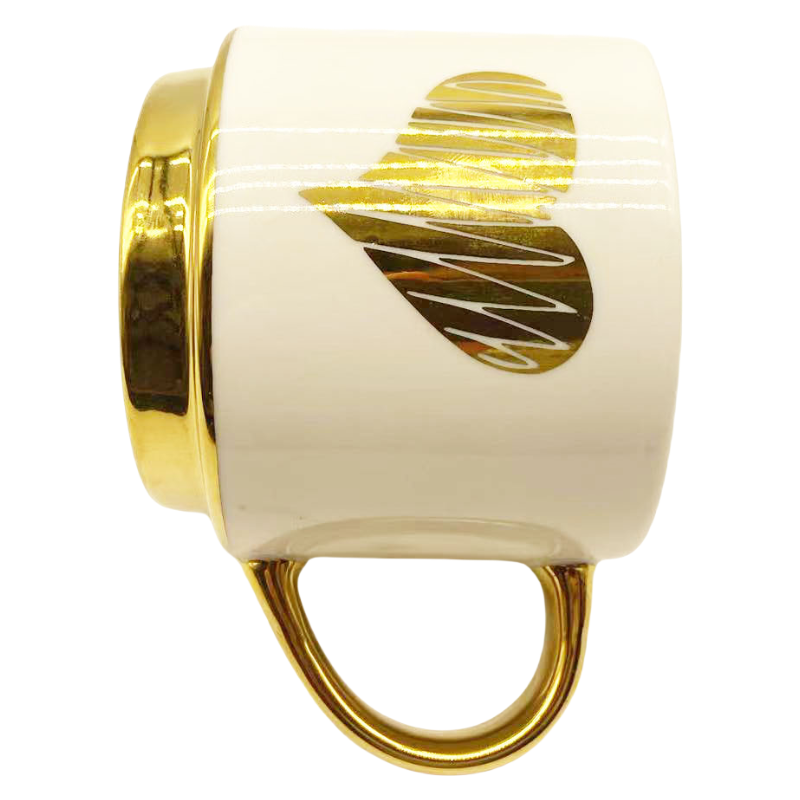 Gold Electroplated Bone China Mug in White, Featuring Gold Handle, Base Heart Design, 350ml Capacity for Coffee