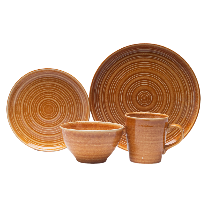 Vintage Caramel Brown Stoneware 4-Piece Set | Textured Ring Dinnerware