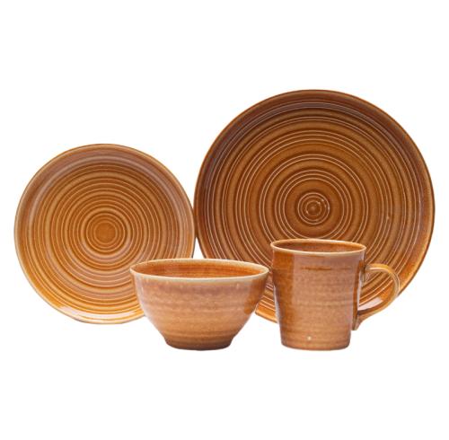 Vintage Caramel Brown Stoneware 4-Piece Set | Textured Ring Dinnerware