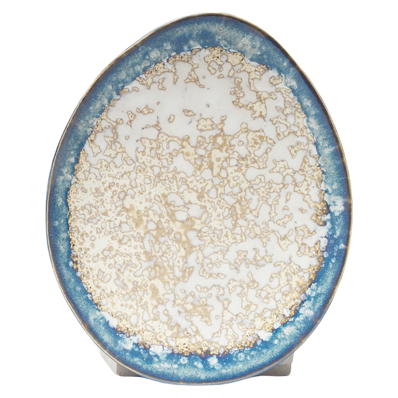 Handmade Irregular Oval Stoneware Plates | Reactive Glaze Blue Edge