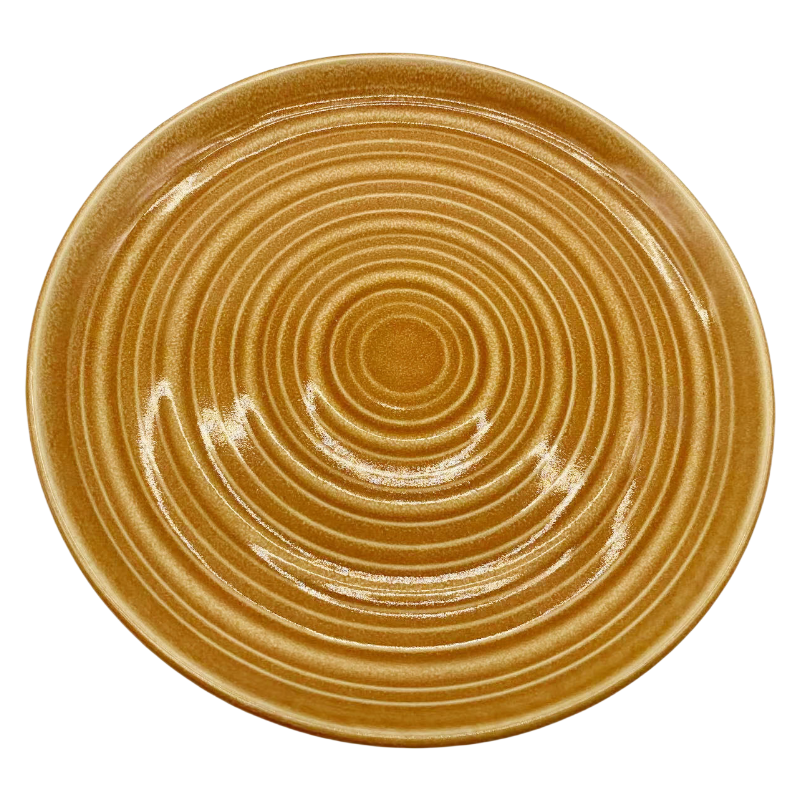 Close Up of Raised Concentric Rings & Caramel Brown Glaze on Stoneware Set, Tactile Texture for Visual Interest