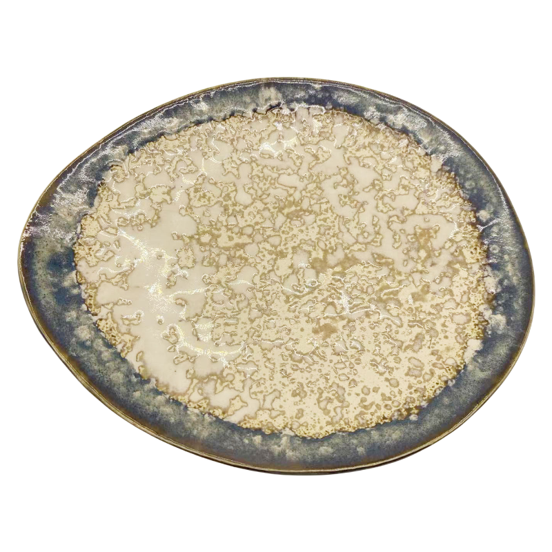 Close Up of Crackle Texture & Flowing Blue Glaze on Handmade Stoneware Plate, Natural Variations for Rustic Beauty