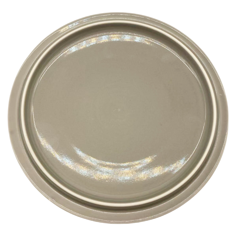 Close Up of Raised Ribbed Texture & Secure Lid Fit on Matte Grey Stoneware Casserole