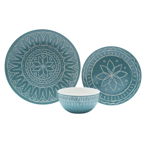 Boho Style Hand-Painted Ceramic Dinnerware Set – 3 Piece (Green & White)