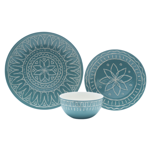 Boho Style Hand-Painted Ceramic Dinnerware Set – 3 Piece (Green & White)