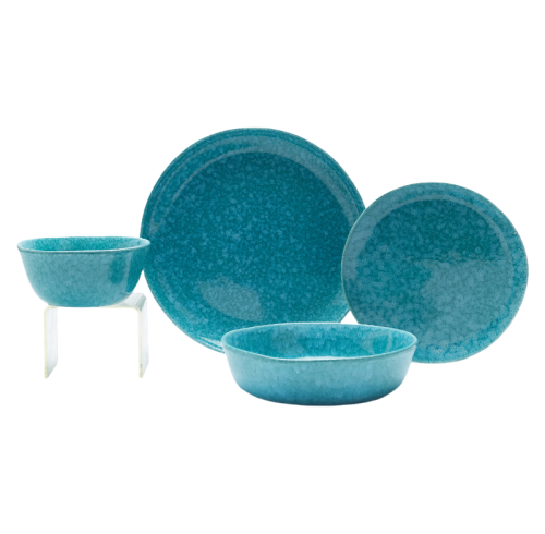 4-Piece Crystalline Glazed Ceramic Dinnerware Set – Teal Blue Stoneware Plates and Bowls for Everyday Dining