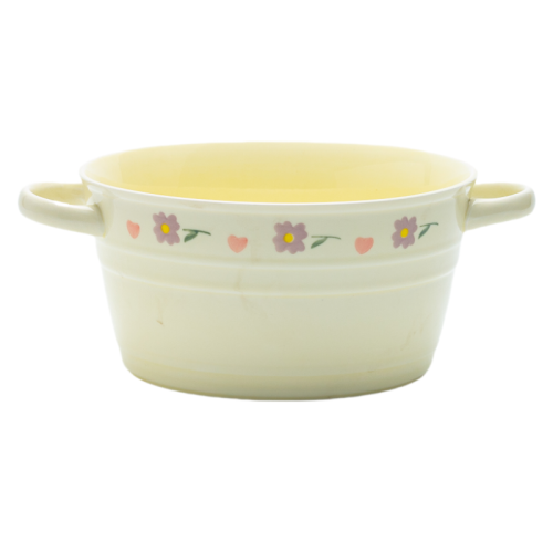 Vintage Floral Ceramic Bowl & Plate Set – Yellow Glazed Stoneware with Heart & Daisy Motifs, 4-Piece Retro Dinnerware Collection