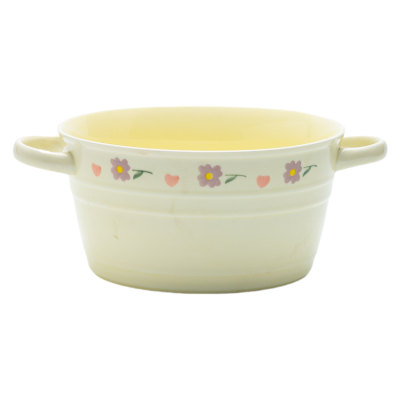 Vintage Floral Ceramic Bowl & Plate Set – Yellow Glazed Stoneware with Heart & Daisy Motifs, 4-Piece Retro Dinnerware Collection